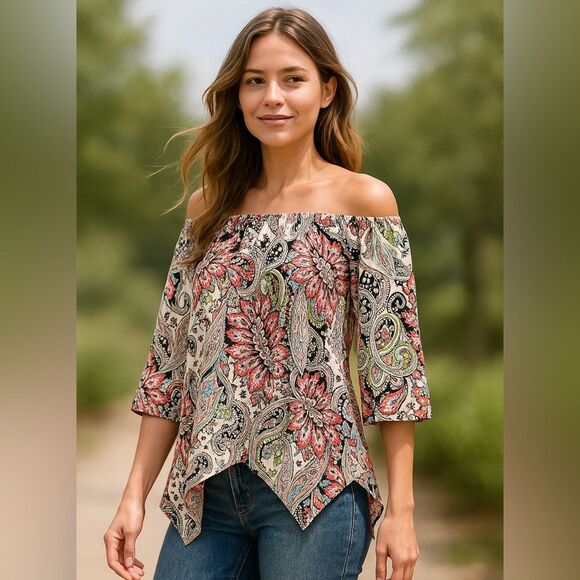 ECI Tops - ECI New York Boho Off Shoulder Paisley Handkerchief Hem Blouse L Large
